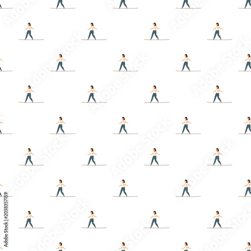 Tableau sur toile Woman walking on a tightrope in a repetitive white background pattern, symbolizi