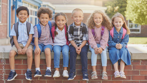 Diverse group of children sitting on school steps with backpacks smiling