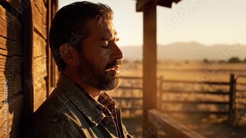 Man in denim jacket leaning against wooden wall in rural landscape at sunset