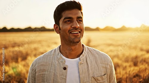Man in beige jacket standing in golden wheat field at sunset looking away with smile