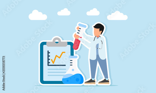 Doctor Holding Test Tube Near Laboratory Tubes and Document Board With Line Chart Illustration of Experiment to Discover Medicine Formula
