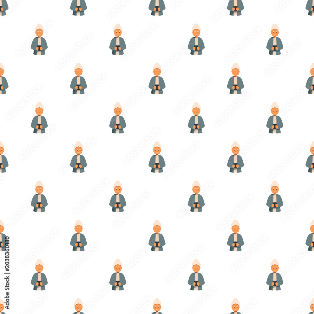 Fototapeta premium Senior woman enjoying coffee in a flat design digital illustration repeating pattern