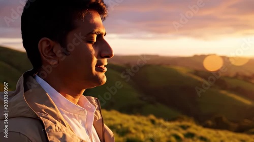 Man looking out at rolling hills during sunset golden hour light