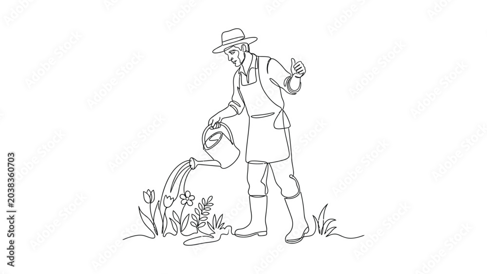Obraz premium Continuous line drawing of a gardener watering plants.