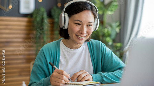 Woman wearing headphones writing in notebook at home
