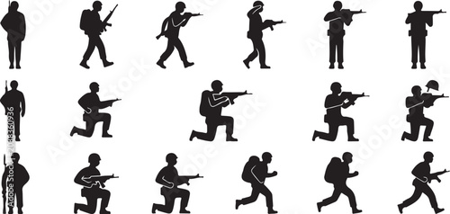 Bilde på lerret Black silhouettes, military icons, soldier graphics, combat symbols