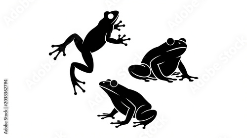  Three black frog illustrations on a plain white background.