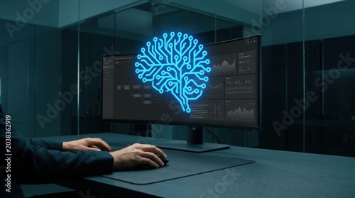 Futuristic Computer Interface with Brain Design Representing Artificial Intelligence and Data Analysis