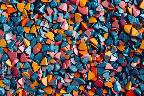 Small fragmented confectionery pieces forming a bright abstract pattern