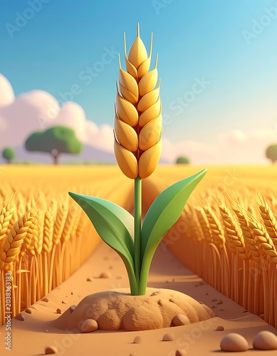 A single wheat plant stands tall in a vast golden wheat field