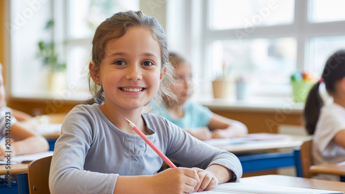 Smiling schoolgirl writing in classroom with peers