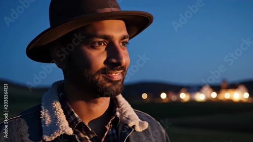 Man wearing a hat and denim jacket looking away at dusk with blurred lights in background