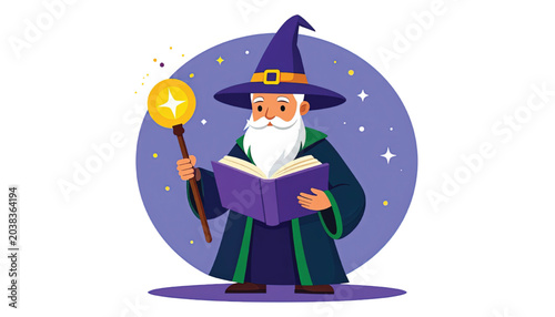 Wizard reading magic spell book.