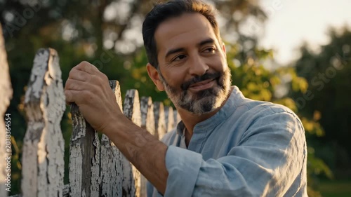 Mature man touching rustic weathered fence in soft sunlight thoughtful expression outdoor setting
