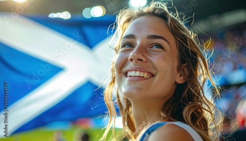 Soccer supporter cheering with flag of Scotland at the World Cup