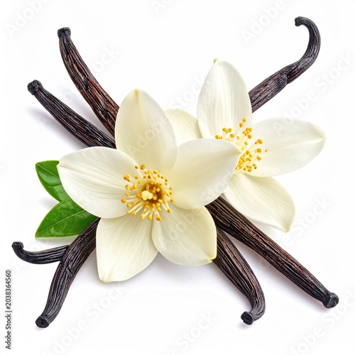 Vanilla beans, blossoms, and leaves on white