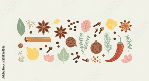 Bild auf Leinwand Colorful Scattered Spices and Herbs Flat Illustration Set on Cream Background