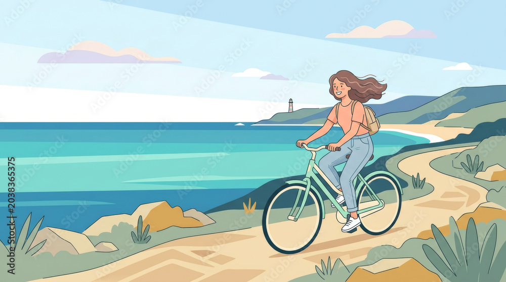 Fototapeta premium Girl cycling by the sea