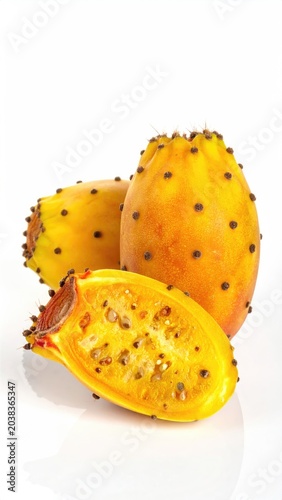 Three prickly pears, one cut, bright yellow, and spiky