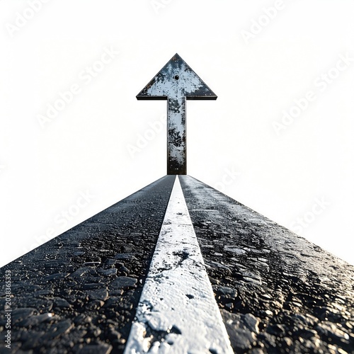 Ascending arrow atop weathered road, white background
