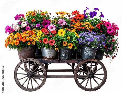 Wooden cart overflowing with colorful potted flowers