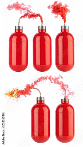Red sphere-shaped objects with smoke trails and fuses