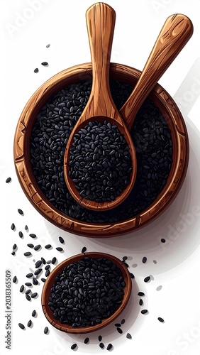 Black seeds in wooden bowls with spoons