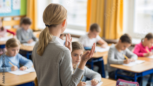 Teacher assisting students in elementary classroom during lesson