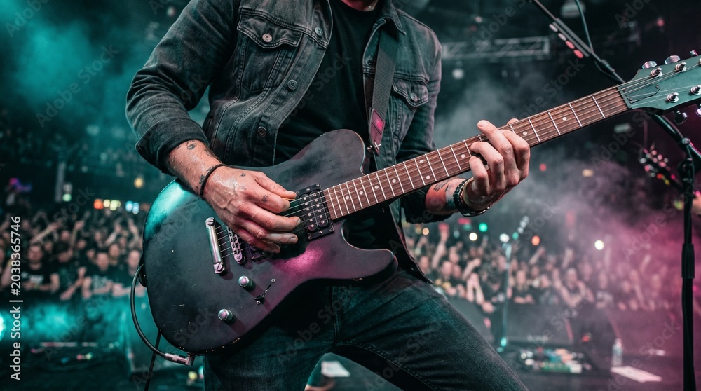 Fototapeta premium Musician performs energetically on stage with electric guitar before crowd
