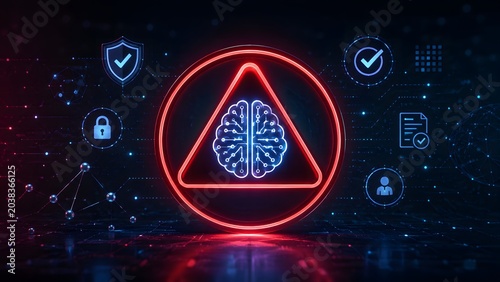 AI risk management concept with warning signal and digital interface