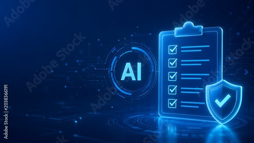 AI compliance review concept with digital checklist and shield
