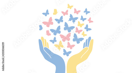 Schilderij op canvas Hands Holding Butterflies Vector Illustration