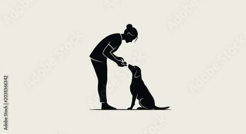 Quadro su tela Woman Standing and Training Dog with Treat Minimalist Black Silhouette Illustrat