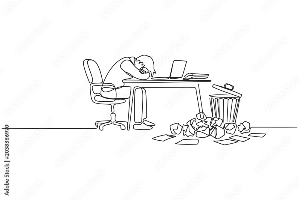 Fototapeta premium Overworked employee sleeping at desk with paper clutter stressed workplace employee exhaustion overwhelmed deadline business professional unproductive depression frustration crumpled