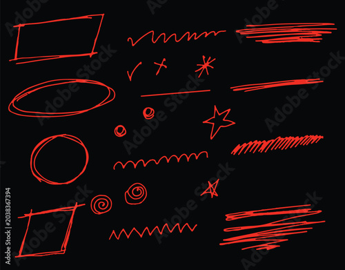 Blue pen scribble and doodle collection. red pen lines, arrows and scribbles at grid notebook background. Crayon drawn note doodles for hand drawn diagram, infographic and journaling