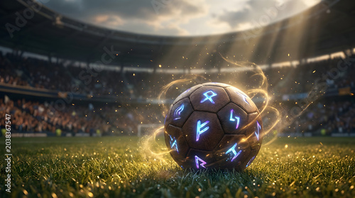 A soccer ball with glowing blue symbols sits on a green field in a packed stadium