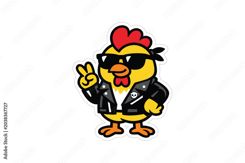 Naklejka premium Funny Biker Chicken Mascot, Cool Chicken Rider Character, Cartoon Animal Sticker
