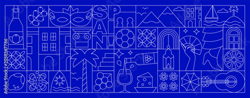 Spanish cultural symbols seamless pattern in art deco line art style, geometric Mediterranean mosaic background