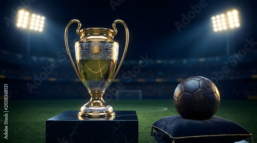 A gold trophy and soccer ball sit on a pedestal and pillow in a stadium at night
