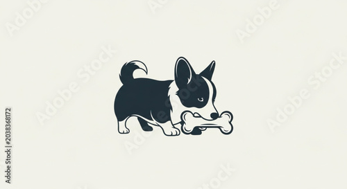 Konstfotografi Cute Corgi Puppy Silhouette Chewing Bone – Minimal Dog Logo Illustration