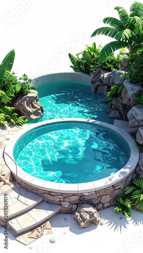 Two-level, tropical pool with lush foliage & rockwork