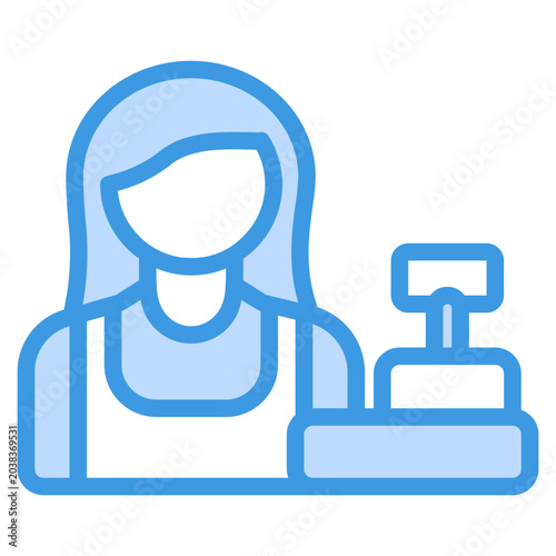 Blue female retail worker icon in uniform at cashier desk suitable for customer service clerk portrait in various design projects.