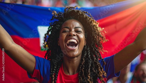 Soccer supporter cheering with flag of Haiti at the World Cup