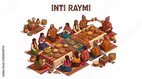 People gather around a communal feast with food offerings in a vibrant outdoor setting with rugs and mats