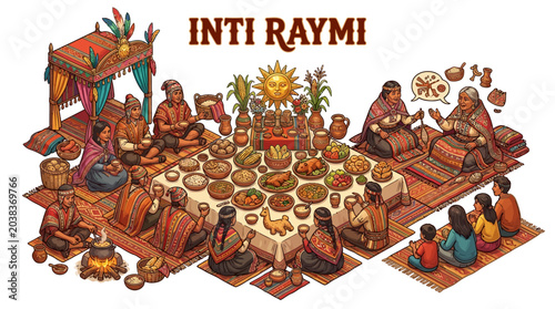 People gather around a communal feast with food offerings in a cultural celebration