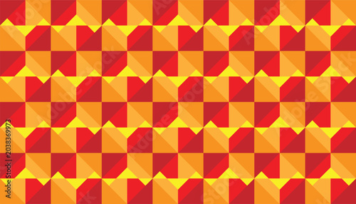 Seamless geometric pattern with abstract 3D perspective shapes, modern repeating background in vibrant red, orange, and yellow