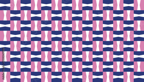 Seamless geometric pattern with abstract bowtie and square shapes, modern repeating background in pink, blue, and white