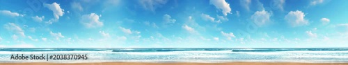 Tropical Sandy Beach with Ocean Waves and Blue Sky with White Clouds — Wide Panoramic Summer Nature Landscape Smooth Animation Loop