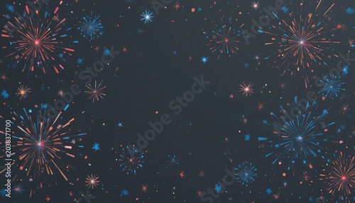 Dark night sky filled with colorful fireworks bursting in red blue and gold patterns around edges symbolizing festivity joy unity and celebration atmosphere