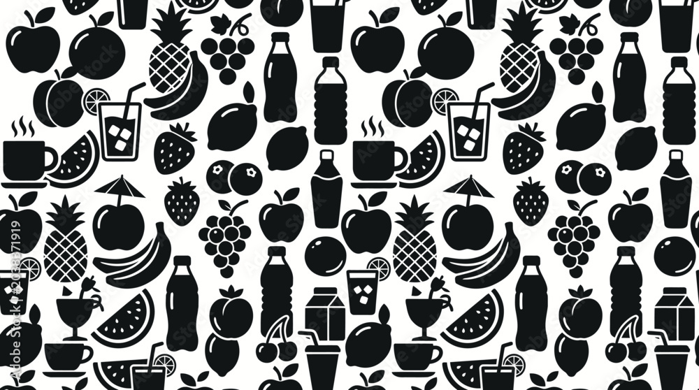 Fototapeta premium Black icons of fruit and drinks.
